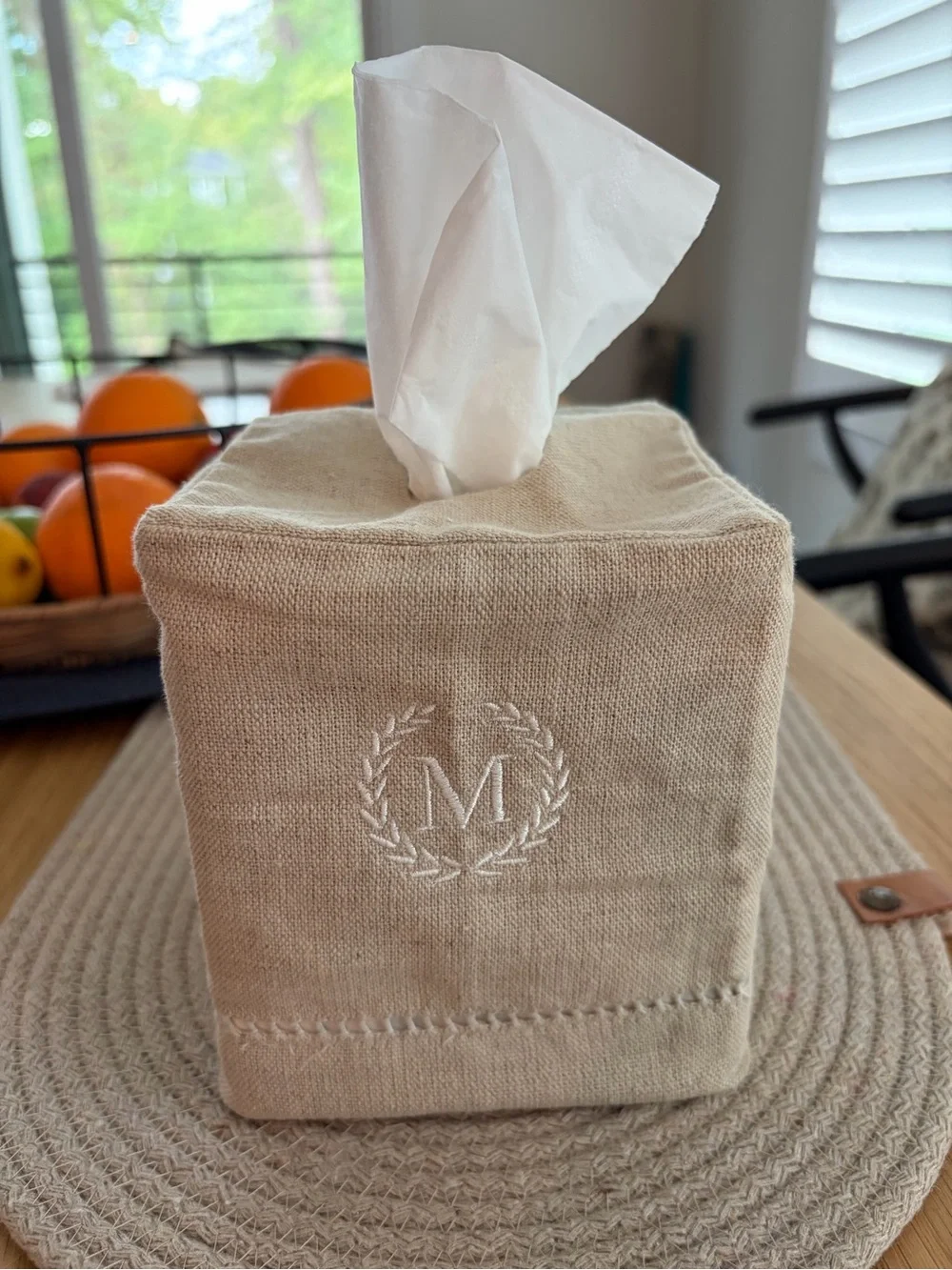 Pottery Barn Red Linen Hemstitch Tissue Box Cover with White Ribbon and Monogram